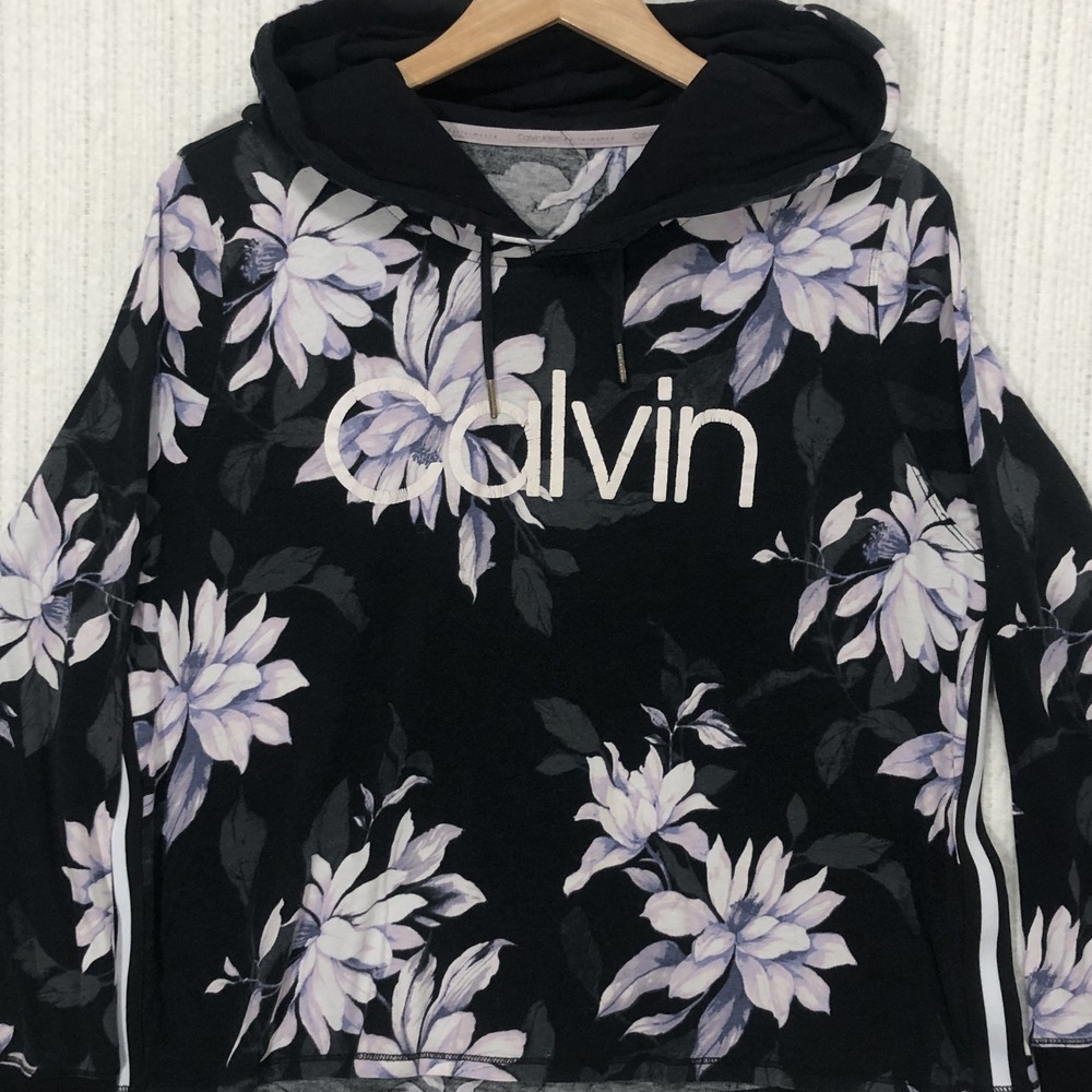 Calvin Klein Performance Floral Hoodie Black Lavender Logo Pullover Sweatshirt
